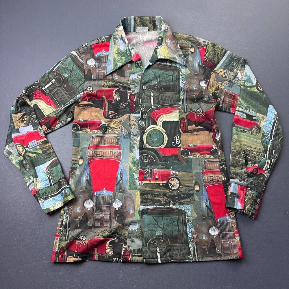 Vintage Kmart Men's Medium Classic Cars Print Button Up Shirt Retro Long Sleeve
